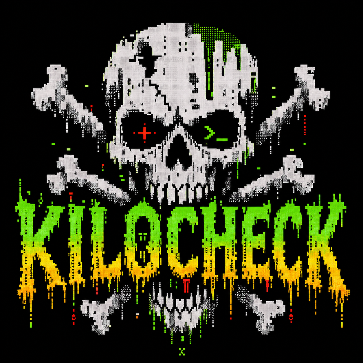ANSI-art skull and crossed bones emerging from a melted KiloCheck wordmark