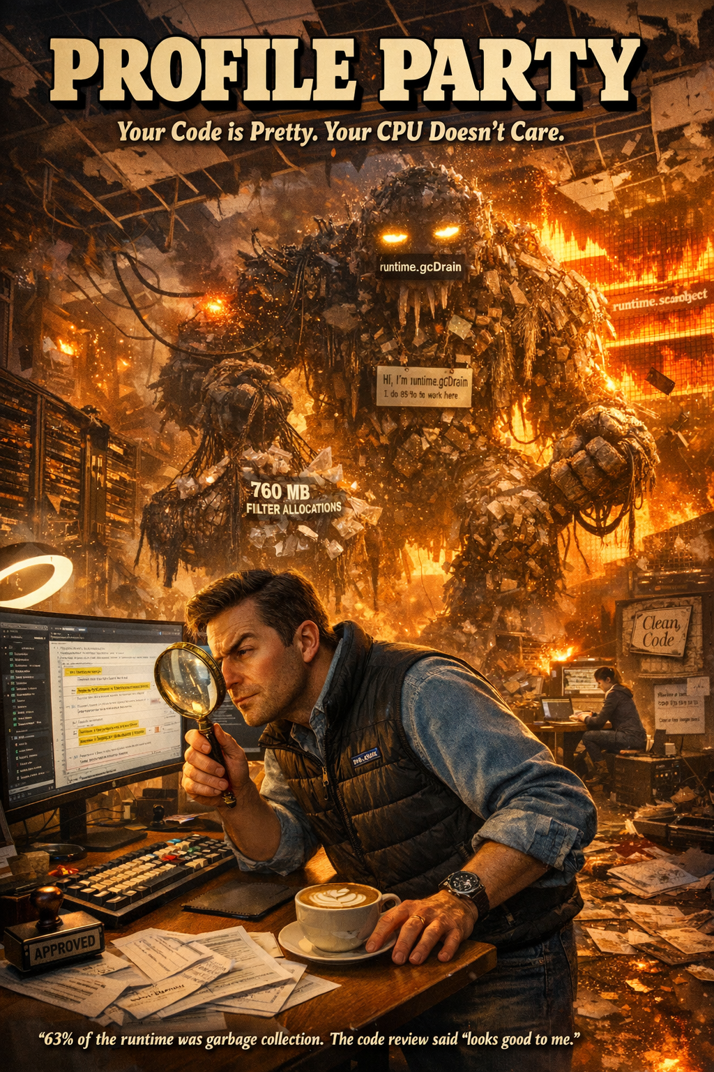 Profile Party cover illustration: a developer inspects a PR with a magnifying glass while a colossal garbage collector made of heap fragments looms behind him in a burning server room